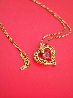 925 Filigree Heart Necklace 18" Sterling Silver Floating Purple Heart Stone